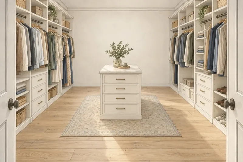Illustration of a walk-in closet with an island between two hanging walls and clear floor space around every side of the island.