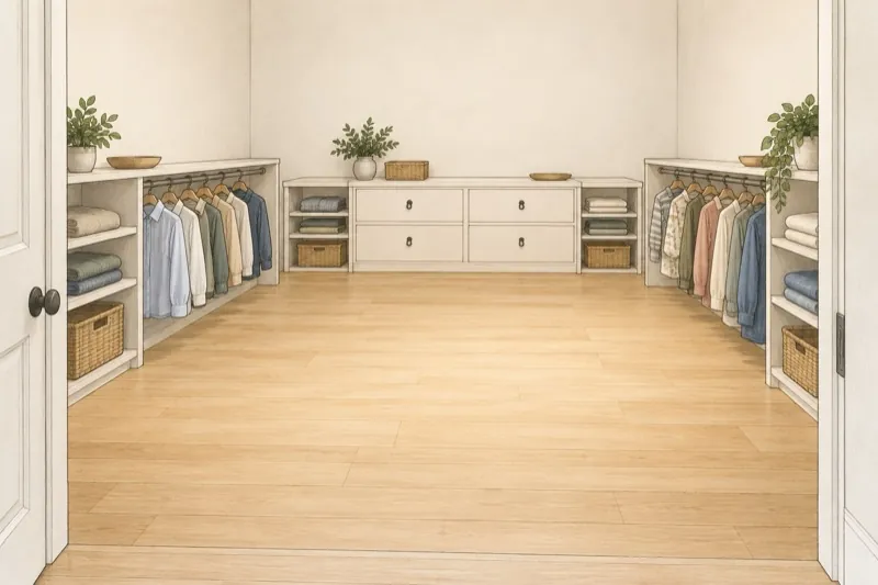 Illustration of a walk-in closet with open floor space for an accessible turning circle and clear floor space at the storage.