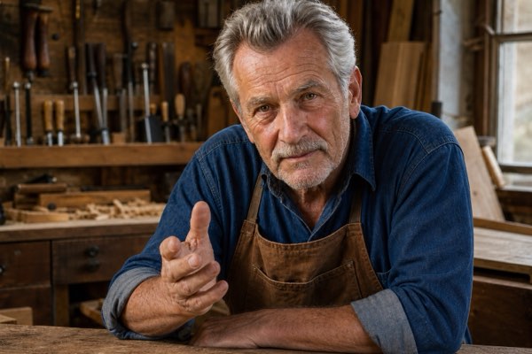 Walt, the Cabinetshop.com brand character, leaning on a workbench mid-sentence